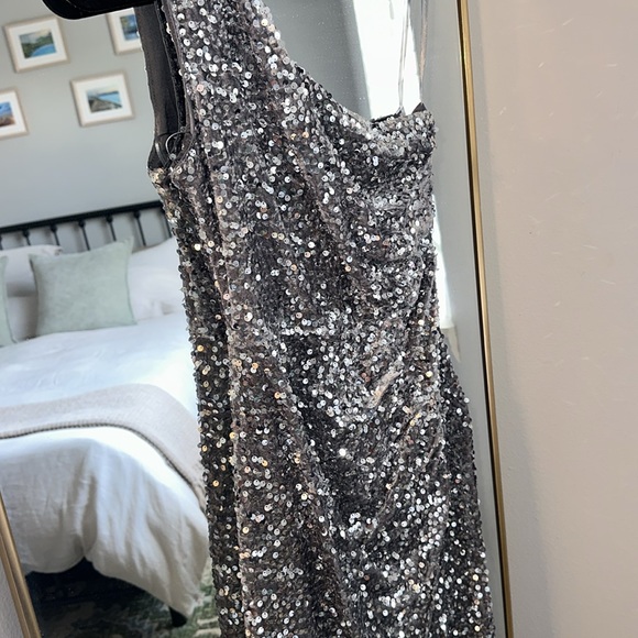 Fashion Nova Silver Sequin One-Shoulder Dress - Picture 3 of 11